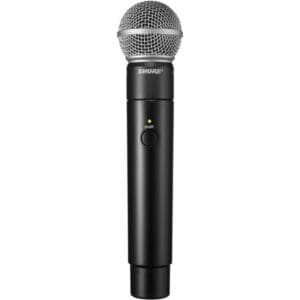 Black wireless microphone with silver mesh grille.