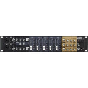 Audio mixer with multiple knobs and sliders.