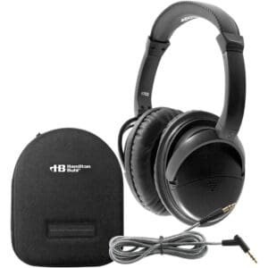 Black headphones with case and cable.