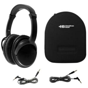 Black headphones with case and cables.