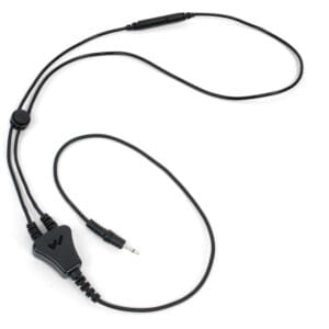 Black audio cable with inline control switch.