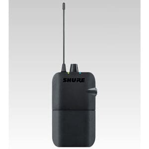 Black wireless audio transmitter with antenna.