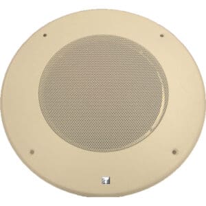 Round beige ceiling speaker with grille.