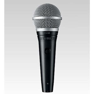 Microphone with black handle and silver grille.
