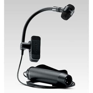 Black clip-on microphone with flexible gooseneck.