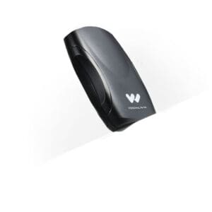 Black wireless computer mouse on white background.