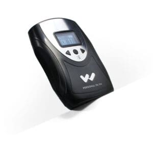 Black personal FM receiver with screen display.