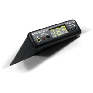 Black audio transmitter with digital display screen.