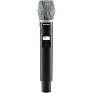 Black wireless handheld microphone with silver grille.