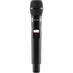 Black wireless microphone with digital display.