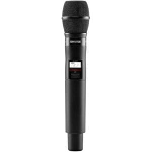 Black wireless microphone with digital display.