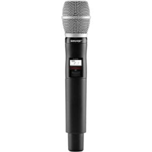 Wireless handheld microphone with digital display.