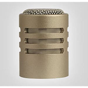 Gold microphone capsule with metal grille.