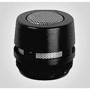 Black faucet aerator with mesh screen.