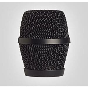 Black microphone grille with mesh pattern.