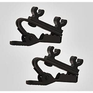 Two black carabiner-style plastic clips.