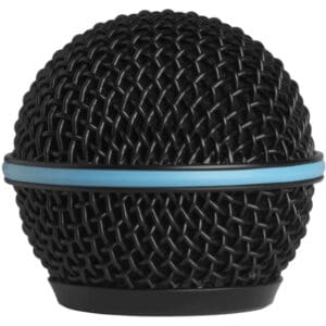 Black microphone grille with blue accent ring.