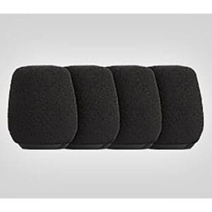 Four black microphone foam covers lined up.