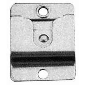 Metal picture hanger with two screw holes.