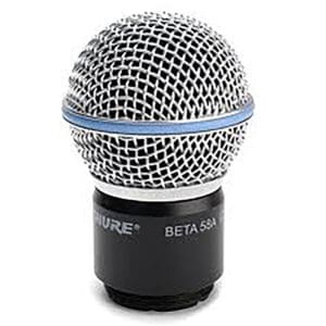 Microphone head with metal mesh grille.