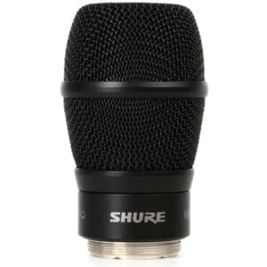 Black Shure microphone head on white background.