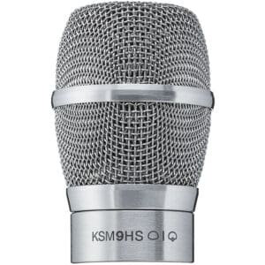 Silver microphone head with mesh grille.