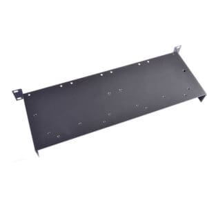 Black metal shelf with mounting holes.
