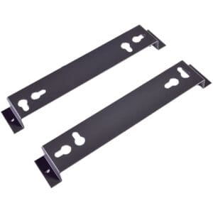 Two black metal mounting brackets isolated.