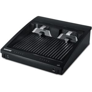 Black dual charging station for microphones.