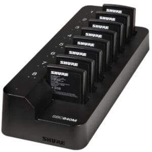 Shure battery charging station with eight slots.