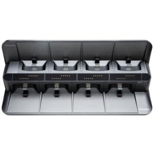 Battery charging station with eight slots.