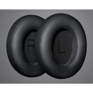 Black headphone ear pads with labels.