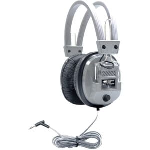 Retro silver headphones with coiled cable.
