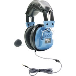Blue over-ear headphones with attached microphone.