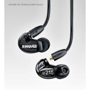 Black Shure SE215 earphones with cables.