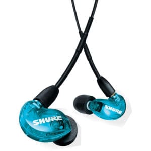 Blue Shure in-ear headphones with cables.