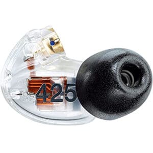 Clear earbud with visible internal components.