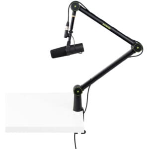 Microphone on adjustable boom arm stand.