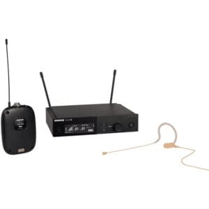 Wireless microphone system with headset and receiver.