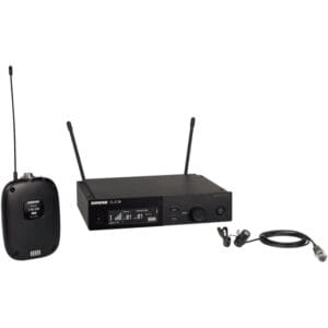 Wireless microphone system with receiver and transmitter.