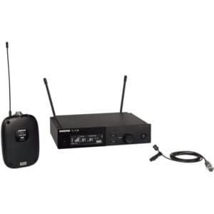 Wireless microphone system with receiver and transmitter.
