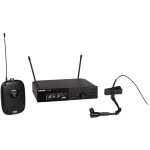 Wireless microphone system with receiver and transmitter.