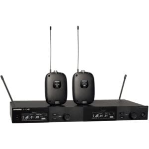 Wireless microphone system with dual receivers.