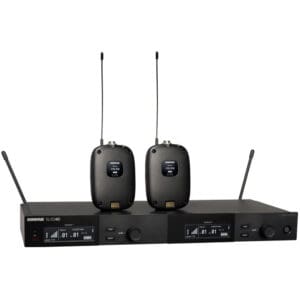 Wireless microphone system with two receivers.