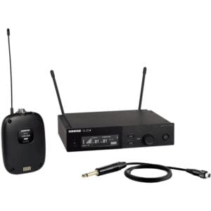 Wireless microphone system with receiver and transmitter.
