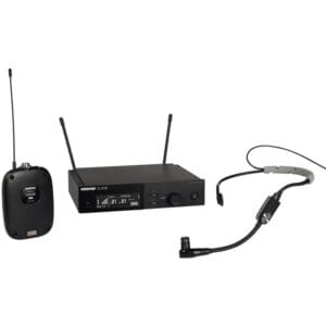 Wireless microphone system with headset and receiver.