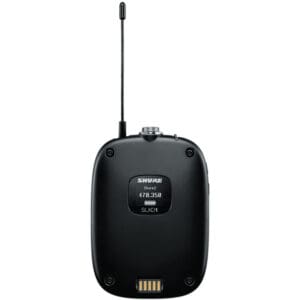 Black wireless microphone bodypack transmitter.