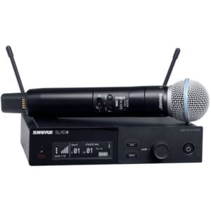 Wireless microphone and receiver set.