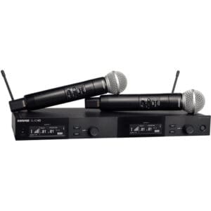 Dual wireless microphones with receiver system.