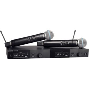 Wireless microphones with receiver unit.